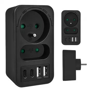 Maitinimo daliklis MACLEAN MCE249 F/B – 2 AC lizdai (16A + 6A) su 2×USB-A ir 2×USB-C PD 20W, EU kištukas, juodas