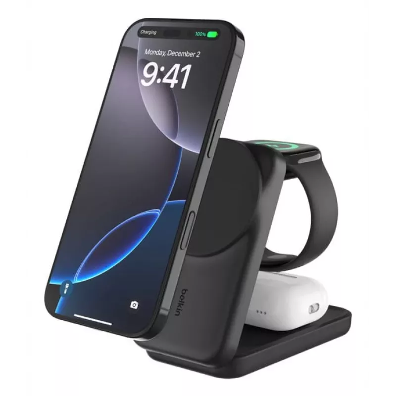 Belkin UltraCharge 25 W Qi2 3 viename lankstoma belaidžio įkrovimo stotis, juoda (WIZ036KQBK)