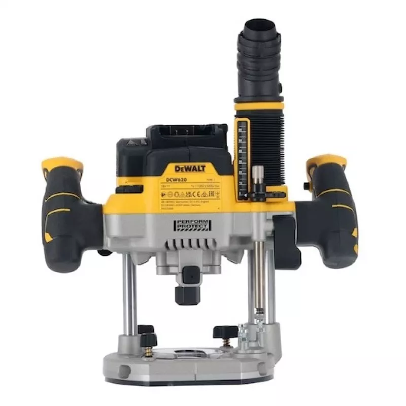 Plunginis frezatorius DeWalt DCW620NT-XJ, akumuliatorinis, bešepetėlis, 18 V, 1600 W, 11–23 tūkst. aps./min., 12,7 mm griebtuvas, dulkių išmetimas, LED, 3,6 kg, dėklas