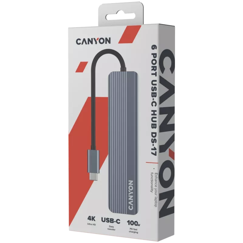 USB Type-C stotelė CANYON DS-17 — HDMI, USB 3.2 Gen 1 A, USB-C, MicroSD, 10000 Mbit/s, pilka