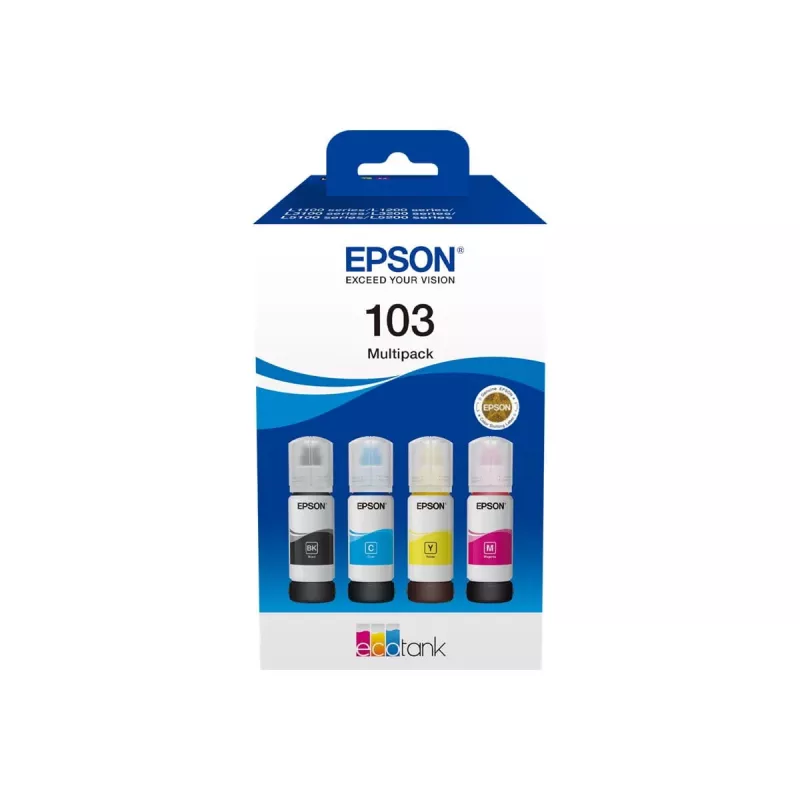 Rašalo kasečių rinkinys Epson EcoTank 103 – Originalus 4 spalvų rinkinys (Juoda, Žydra, Violetinė, Geltona), Juoda 4500 p., Spalvota 7500 p.