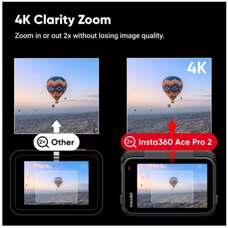Veiksmo sporto kamera Insta360 Ace Pro 2 — 50 MP, 8K Ultra HD (7680×3272), 1/1,3 colio jutiklis, iki 240 kadrų/s, įmontuotas ekranas, Wi‑Fi, MicroSD, 177,7 g, juoda