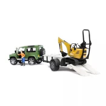 BRUDER Land Rover Defender su priekaba ir JCB mikroekskavatoriumi 8010 CTS bei statybininko figūrėle