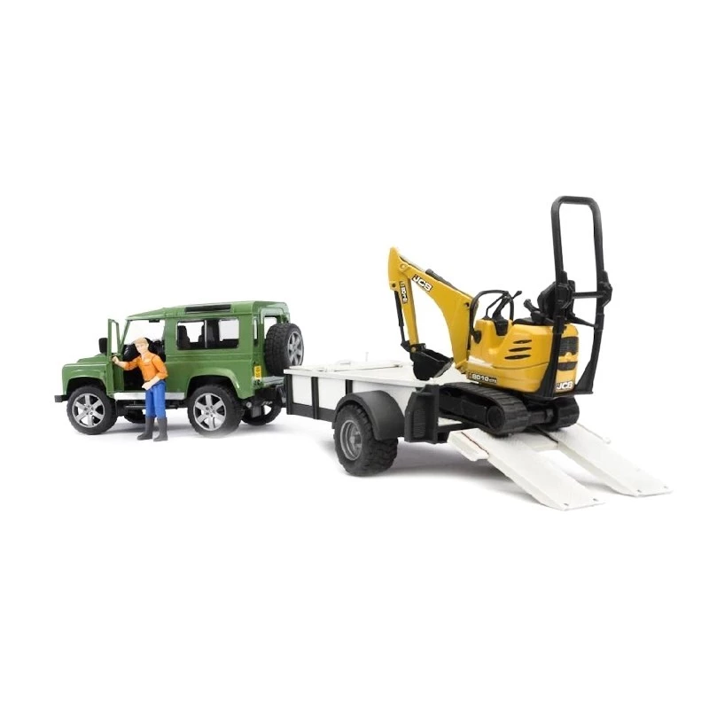 BRUDER Land Rover Defender su priekaba ir JCB mikroekskavatoriumi 8010 CTS bei statybininko figūrėle