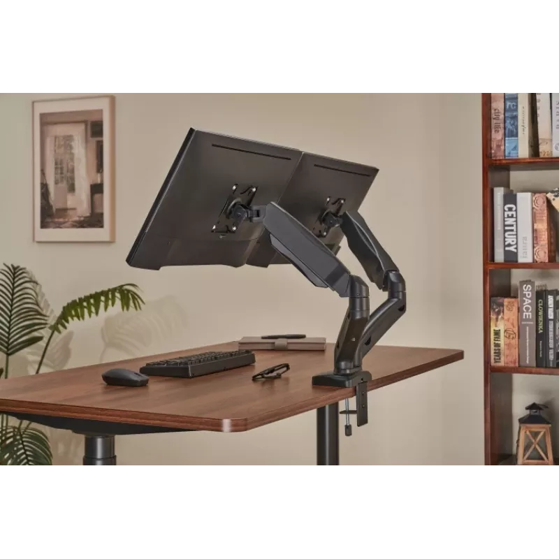 Monitorinė ranka up up Ekonomiška interaktyvi priešsvėrinė dviejų monitorių ranka matinė juoda VESA 75x75/100x100