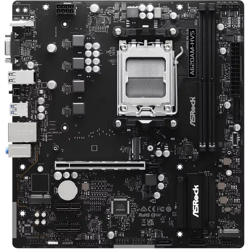 Motininė plokštė ASRock A620AM-HVS Micro ATX – AMD A620A, Socket AM5, DDR5, 2 DIMM, iki 128 GB, HDMI 2.1, M.2 2280