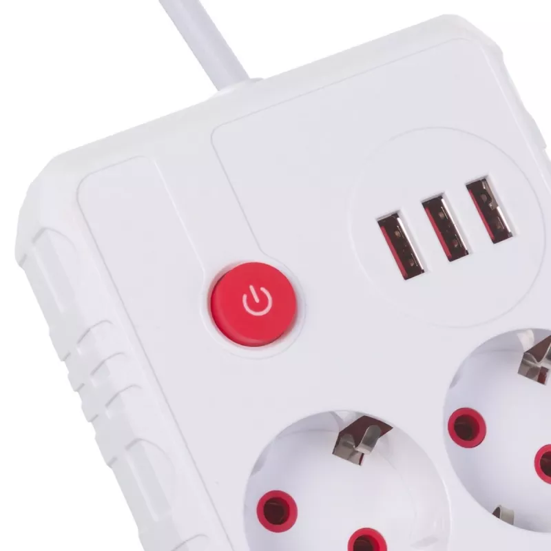 Maitinimo blokas MACLEAN MCE388 W – 2 lizdai, 3×USB, 110–240V, 2500W, 3 m laidas, baltas