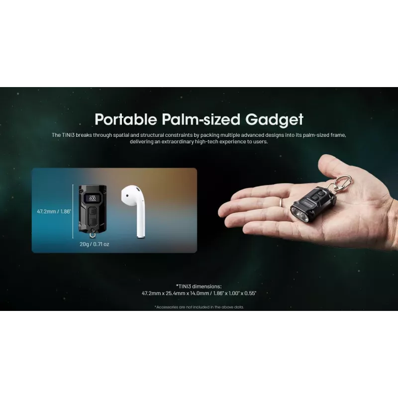 Raktų pakabuko žibintuvėlis Nitecore TINI3 Juodas 600 lm USB įkraunamas
