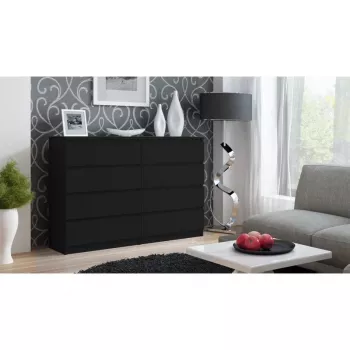 Komoda top e shop M8 140 CZERŃ – 8 stalčių, medžio drožlių plokštė, 1380×400×970 mm, juoda