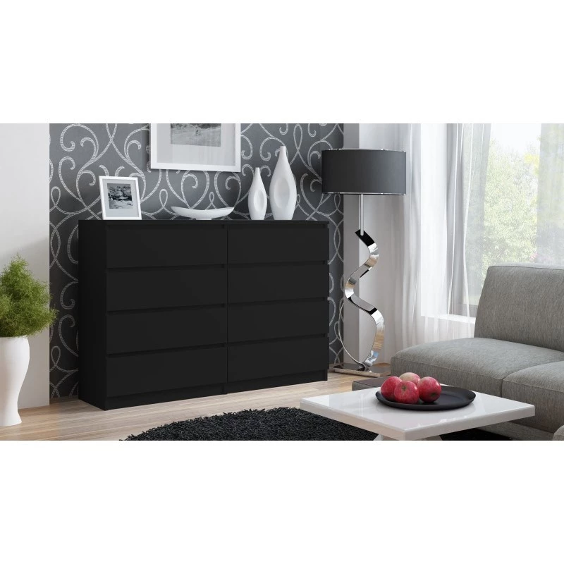 Komoda top e shop M8 140 CZERŃ – 8 stalčių, medžio drožlių plokštė, 1380×400×970 mm, juoda