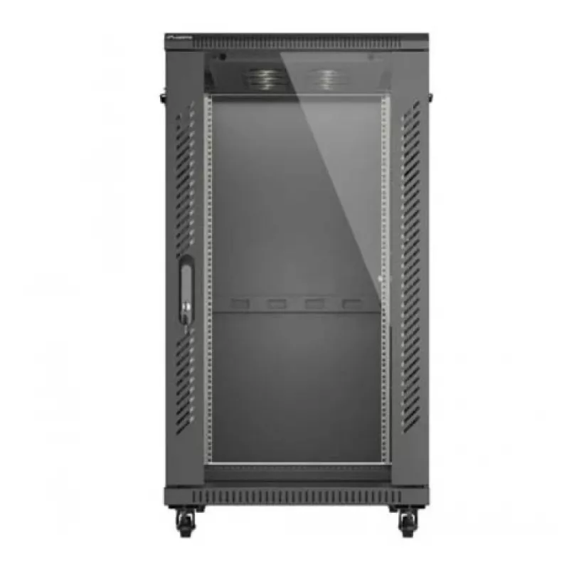 19 colių stelažinė spinta LANBERG 22U 600x1000 mm, juoda, stiklinės priekinės ir galinės durelės