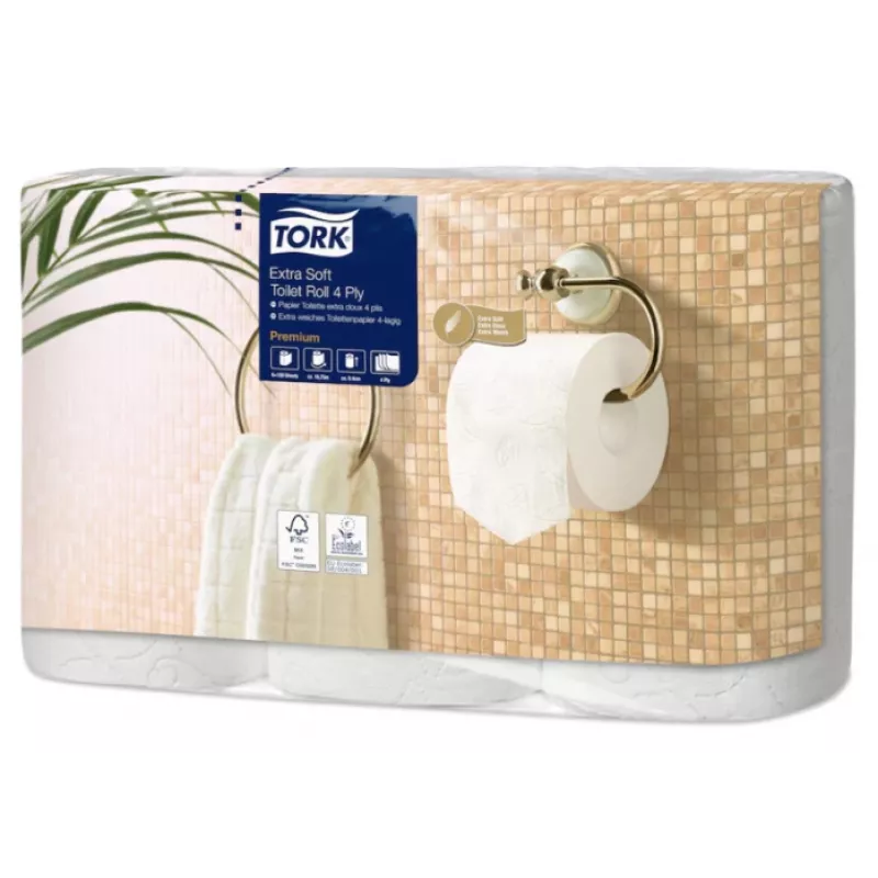 Tualetinis popierius Tork Premium Extra Soft Conventional T4 — 4 sluoksnių ritinėliai 9,7 cm x 19,1 m, pakuotė po 6 vnt.