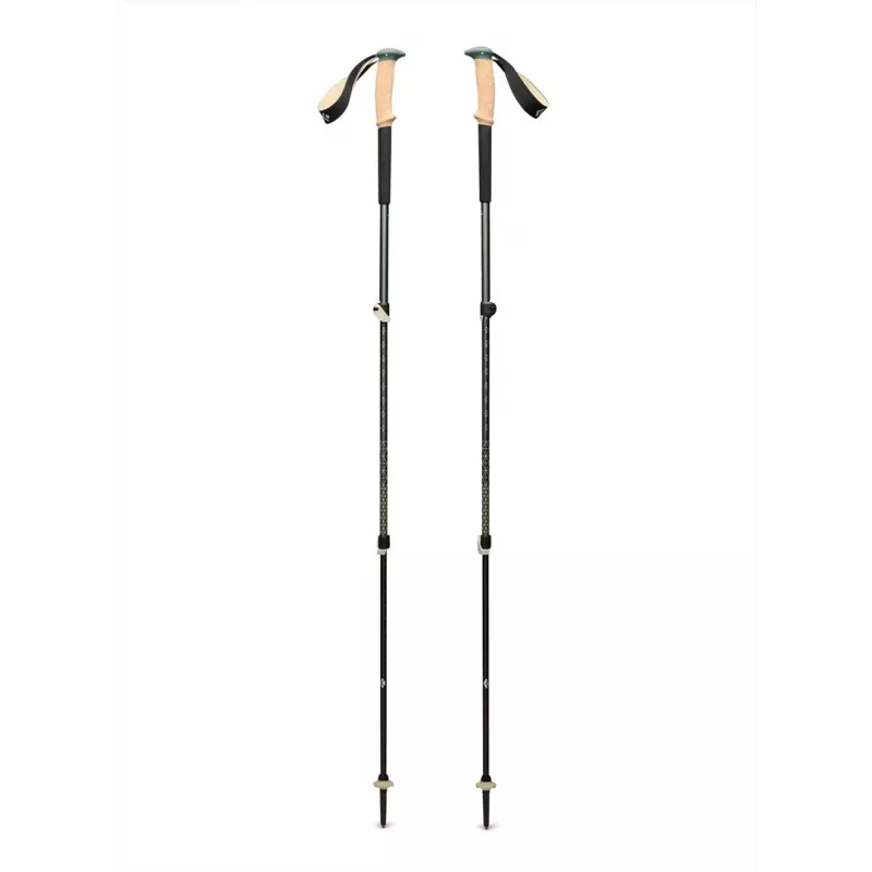 Trekkingo lazdos Black Diamond Trail Cork, reguliuojamos 100–140 cm, aliuminio, kamštinė/EVA rankena, 3 segmentų, žalia/ smėlio