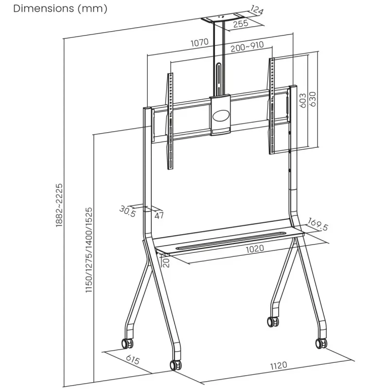 Grindinis stovas televizoriui MACLEAN MC-114 W, 55–100 colių, baltas, VESA iki 900x600, maks. apkrova 120 kg, aukštis 115–152 cm, lentyna