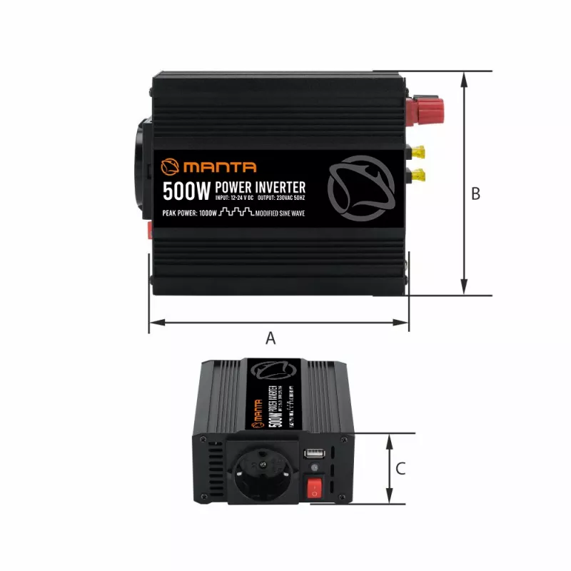 Inverteris MANTA MPI500M 500W nuolatinė / 1000W pikinė DC į AC