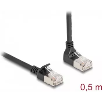 DeLOCK RJ45 Cat.6A S/FTP plonas 90° žemyn kampuotas / tiesus 0,5 m juodas tinklo kabelis