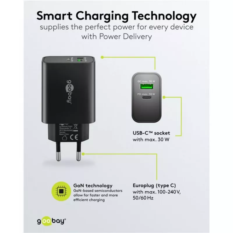 Goobay USB-C PD GaN dvigubas greitas įkroviklis 30 W juodas (75335)