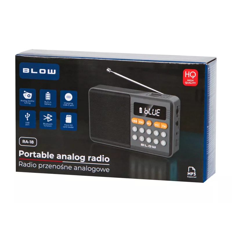 Nešiojamas analoginis AM/FM Bluetooth radijas BLOW RA18 su FM imtuvu ir belaidžiu ryšiu