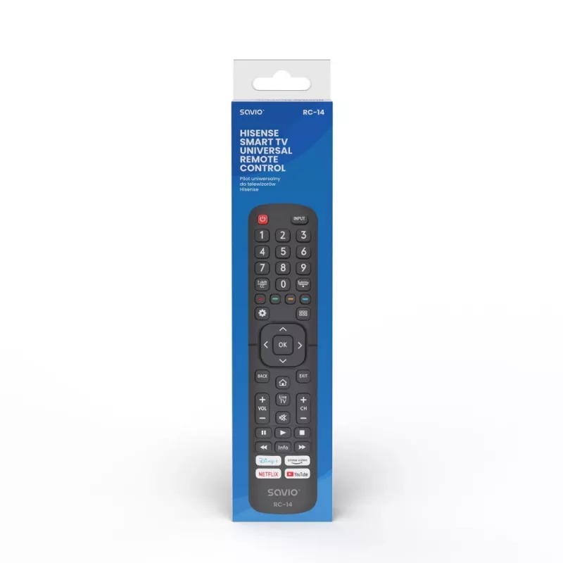 Universalus nuotolinio valdymo pultas SAVIO RC-14, skirtas Hisense Smart TV, IR belaidis, palaiko 14 įrenginių, veikimo nuotolis iki 10 m, juodas