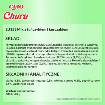 Šlapieji skanėstai katėms INABA Churu vištiena ir tunas, 50 x 14 g pastos tūbelės, be grūdų, be glitimo ir be cukraus