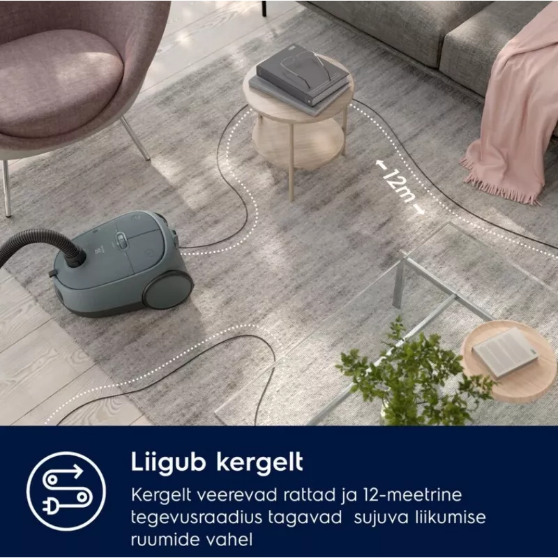 Būgninis dulkių siurblys Electrolux EB61C1OG 850 W 3,5 L dulkių maišas, teleskopinis plieninis vamzdis, EPA12, 12 m spindulys