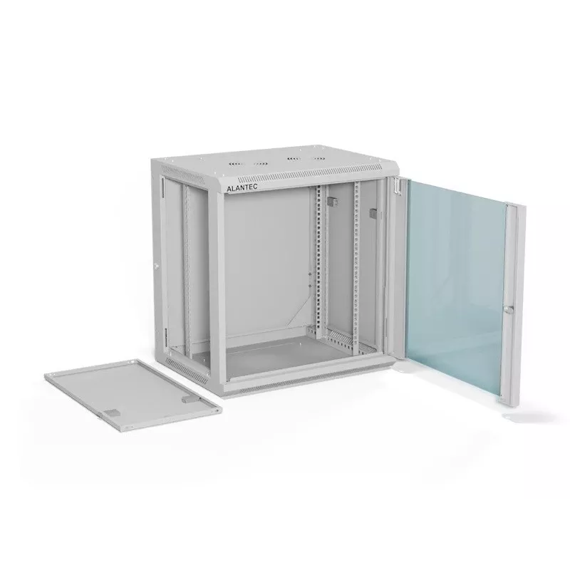 Sieninis 19 colių spintos korpusas Alantec 12U 600x450 mm, vienos stiklo durys, nuimami pilni galiniai ir šoniniai dangteliai, užrakinamas, 4 tvirtinimo bėgeliai, pilka, plokščia pakuotė