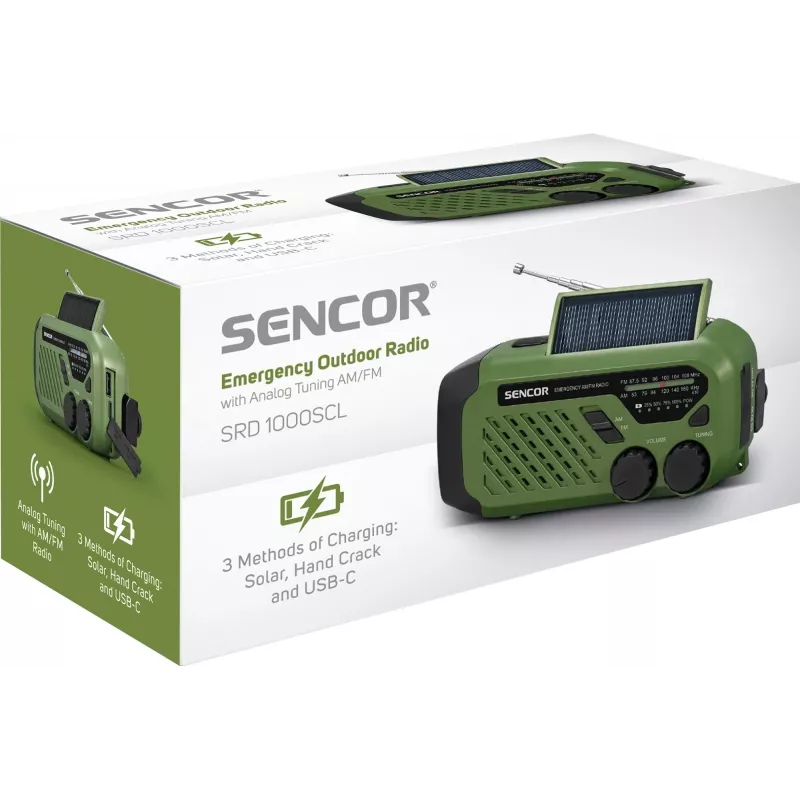 Nešiojamas FM/AM radijas SENCOR SRD1000SCLGR su Bluetooth, saulės/rankinės/ USB-C įkrovimu, 2000 mAh baterija, IPX4, LED šviesomis