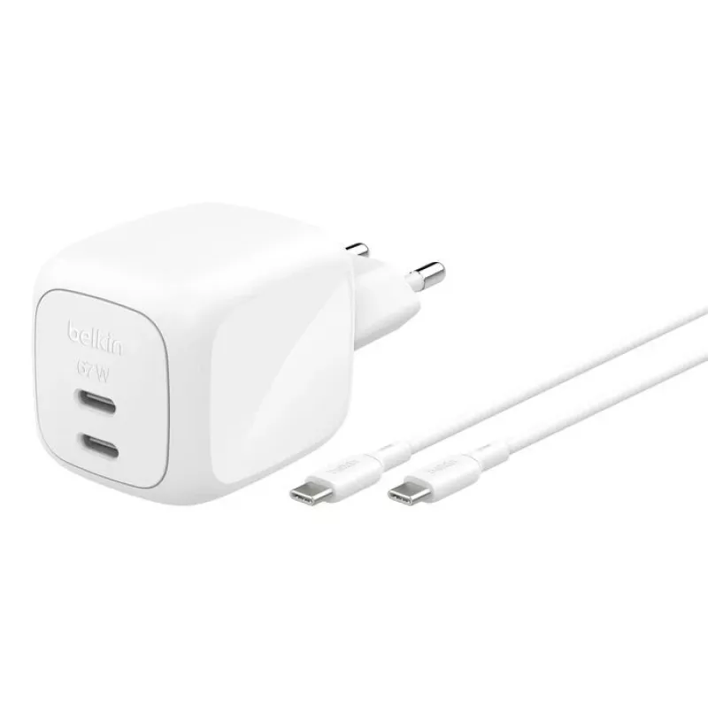 Greitasis AC sieninis įkroviklis Belkin WCH020KQ2MWH-B6 — 2x USB‑C, 2 m integruotas laidas, baltas