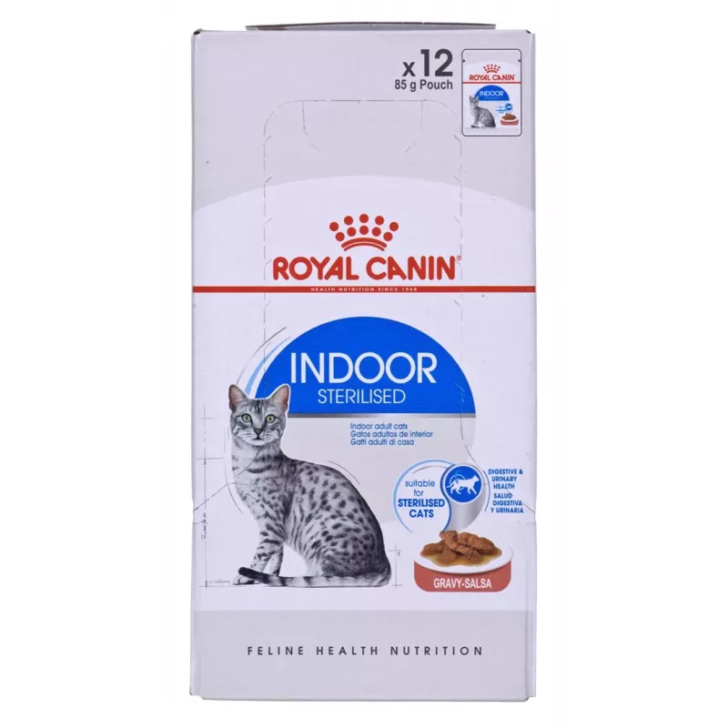 Šlapias kačių ėdalas Royal Canin Indoor Sterilized 85 g pakuotė – suaugusioms sterilizuotoms katėms, paukštienos skonis, dėžutė 12 x 85 g