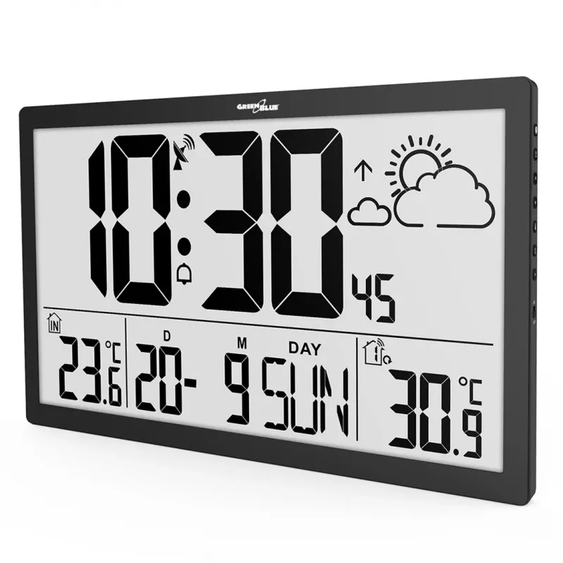 Sieninis laikrodis GreenBlue GB218 – itin didelis LCD, orų stotis, vidaus/lauko temperatūra, datos rodymas