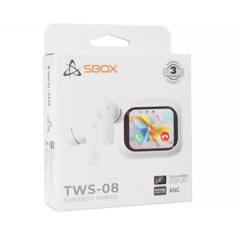 Ausinės SBOX EB-TWS08-W su lietimu ir ekranu, baltos