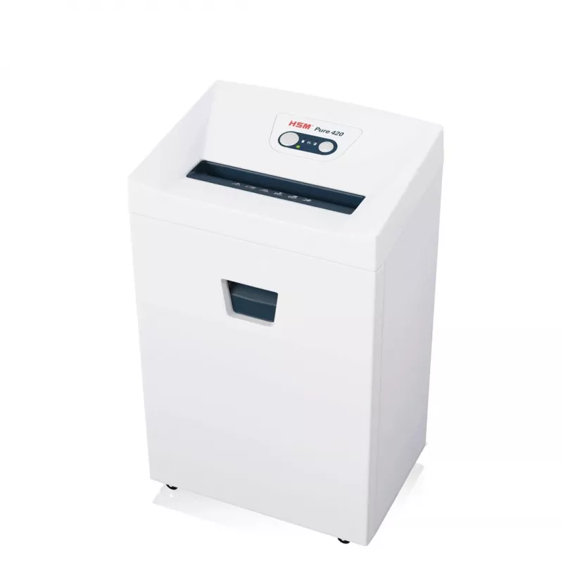 Smulkintuvas HSM Pure 420 — dalelių pjovimas P-4, 24 cm darbinis plotis, 15 lapų talpa, 35 L krepšelis, balta