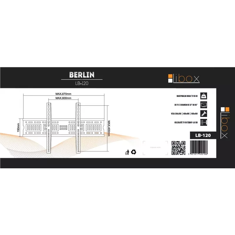 TV sieninis laikiklis LIBOX LB-120 32–85 col. (81,3 cm–2,16 m), iki 55 kg, VESA 200x200–600x400, pakreipiamas, plieninis, juodas