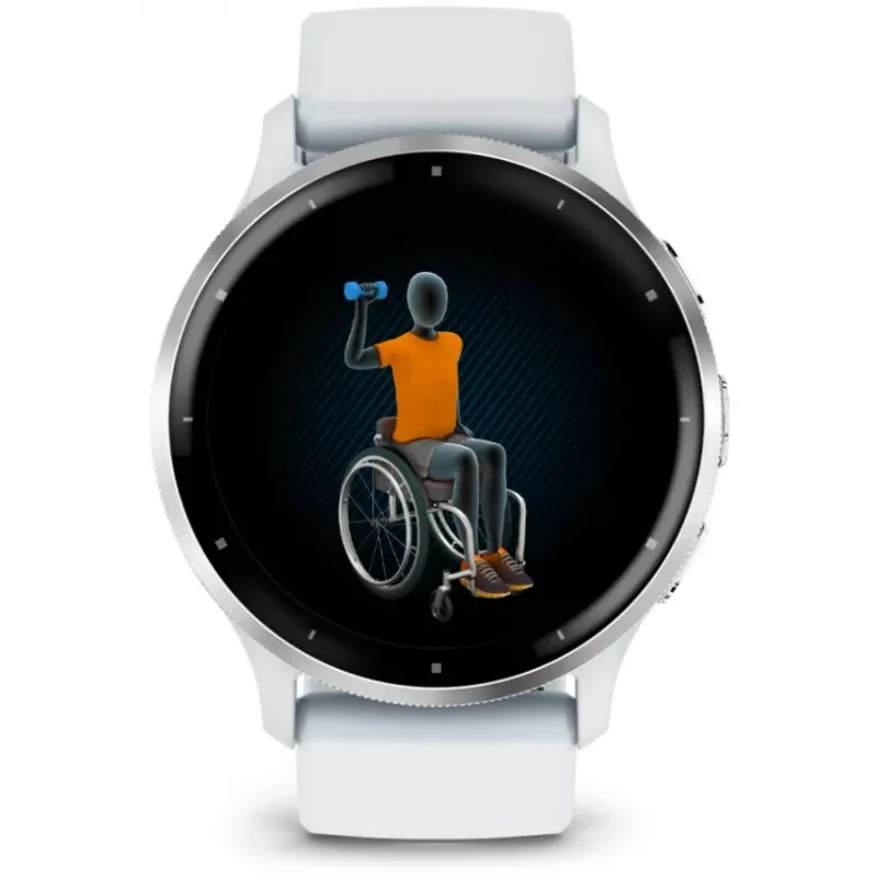 Išmanusis laikrodis GARMIN Venu 3 — 1,4 colių AMOLED, 45 mm korpusas, GPS, Wi‑Fi, 8 GB, sidabrinis/baltas, silikoninis dirželis