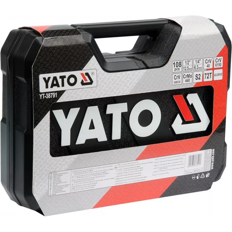 Veržliarakčių komplektas YATO YT-38791 — 108 dalių, 1/2 colio pavara, su reketu, juodas dėklas