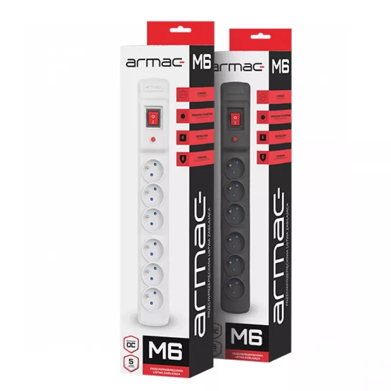 Maitinimo juosta ARMAC M6 — 6 lizdai, 1,5 m laidas, juoda