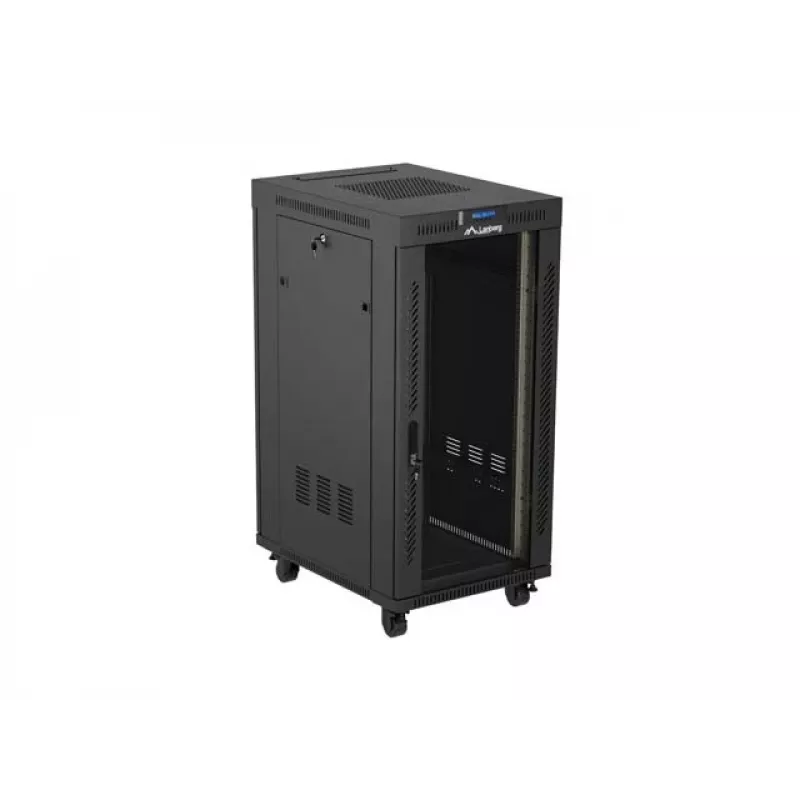 Tinklo spintos stovas LANBERG 19 colių 24U 600x800 mm juodas su stiklinėmis durimis ir LCD išpjova (Flat Pack) v2