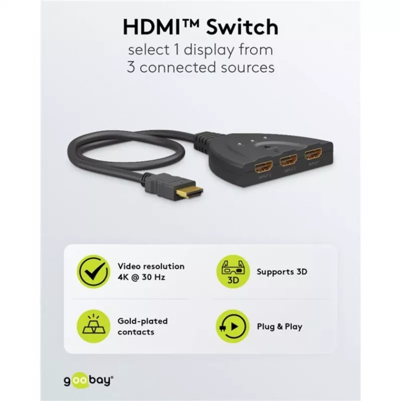 Goobay HDMI jungiklis 3 į 1 (4K @ 30 Hz) | 58487 | Juodas | HDMI lizdas | 3 HDMI lizdai | 0.58 m