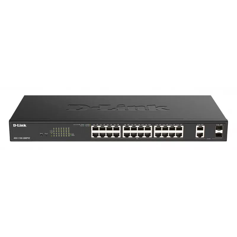 D-Link DGS-1100-26MPV2/E valdomas L2 Gigabit Ethernet komutatorius su PoE, 24 prievadai, juodas