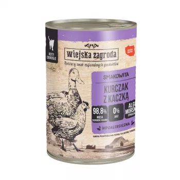 Šlapias kačių ėdalas wiejskazagroda Vištiena su antiena 400 g – suaugusiems, be glitimo, 78,7 % drėgmės
