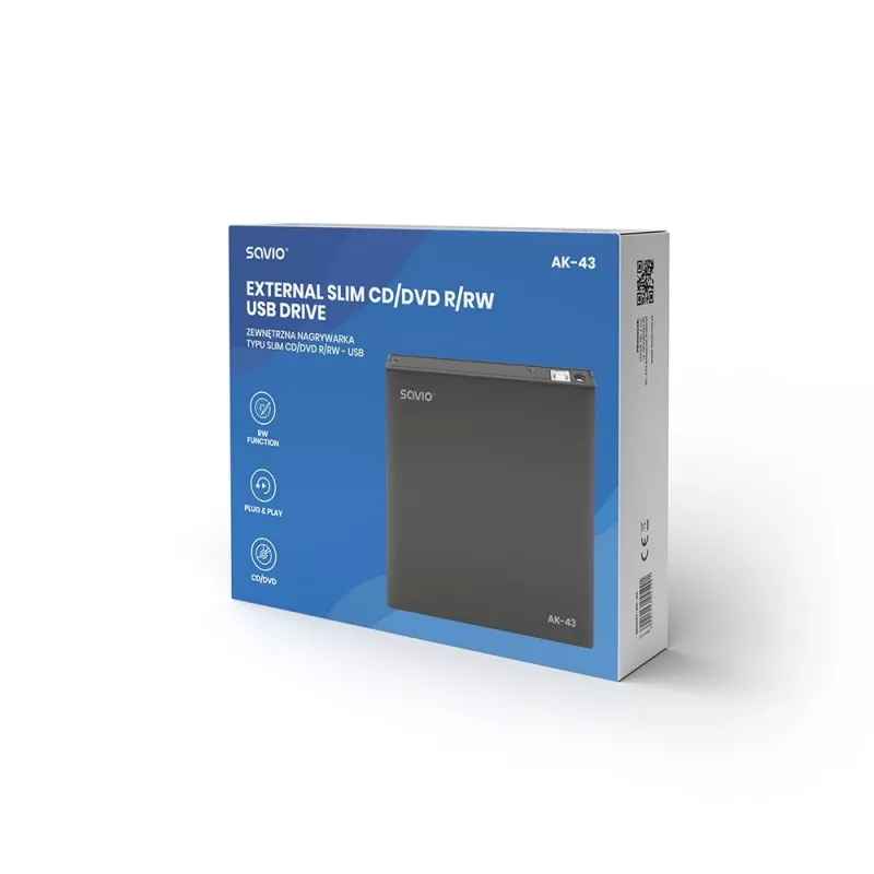 Išorinis plonas DVD±RW įrenginys SAVIO AK-43, USB 2.0, juodas