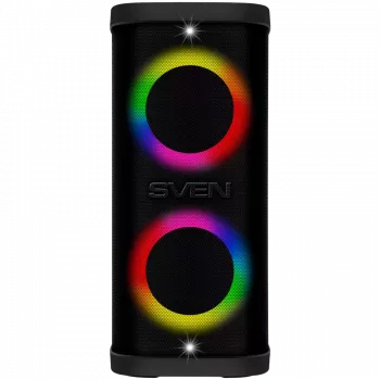 Nešiojamas garsiakalbis SVEN PS-950, juodas, galia 2x80W RMS, TWS, Bluetooth, IPx4, FM, USB, microSD, LED ekranas, ličio baterija