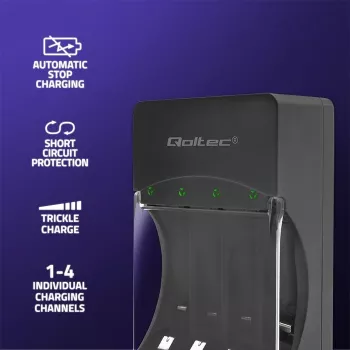 Baterijų įkroviklis QOLTEC 50653 Ni‑MH AAA (R03) ir AA (R6) akumuliatoriams, 220–240 V įėjimas, 1,2 V išėjimas