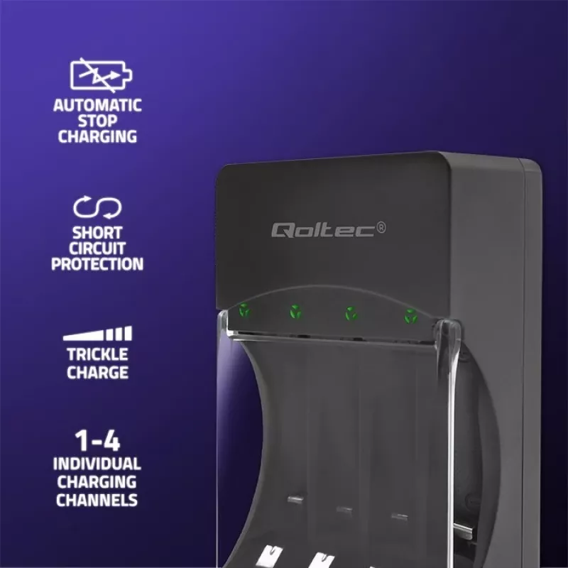Baterijų įkroviklis QOLTEC 50653 Ni‑MH AAA (R03) ir AA (R6) akumuliatoriams, 220–240 V įėjimas, 1,2 V išėjimas