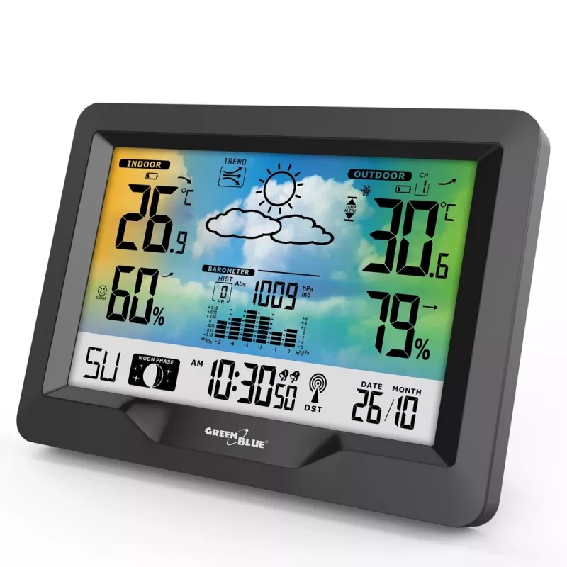 Hygrometras Termometras GreenBlue GB540 – vidaus 0–50 °C / lauko -20–65 °C, DCF laikrodis, lauko jutiklis 60 m, juodas