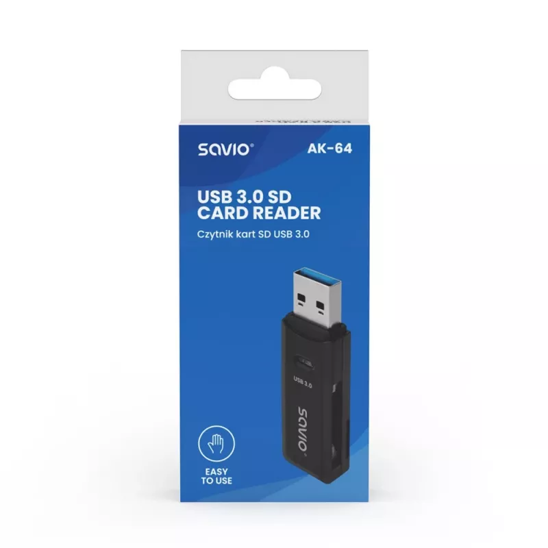 SAVIO AK-64 USB 3.2 Gen 1 kortelių skaitytuvas, Type-A, MicroSD lizdas, 5000 Mbit/s, juodas