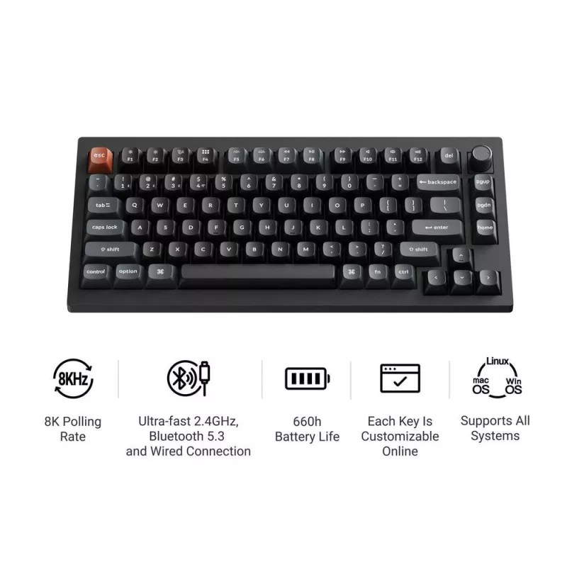 Mechaninė klaviatūra Keychron V1 Ultra 8K — 75% formatai, QWERTY, Bluetooth, RGB, Juoda