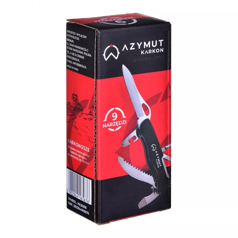 Daugiafunkcis peilis AZYMUT HK20018 – 9 įrankių kombinuotas įrankis, 420J2/3CR13 nerūdijantis plienas, sulankstytas 11 cm, 146 g, odinis dėklas, raktų žiedas