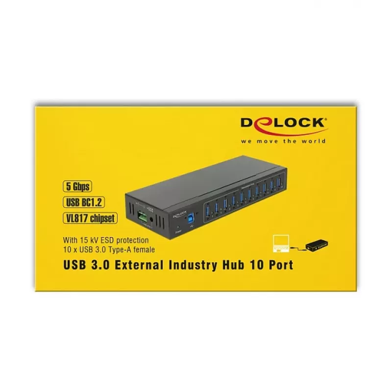 USB mazgas DeLOCK 63919, 10 prievadų, USB 3.2 Gen 1, metalinis korpusas