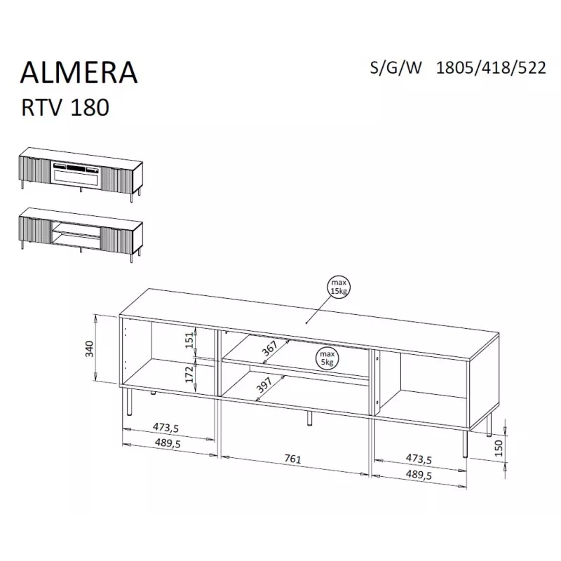 Spintelė televizoriui Cama Meble ALMERA 180,5×42×52,5 cm riešutas/kšmyras su juodu elektriniu židiniu